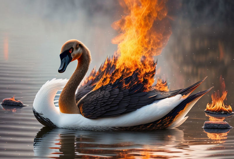 Swan on Water with Wings Ablaze Surrounded by Floating Fires