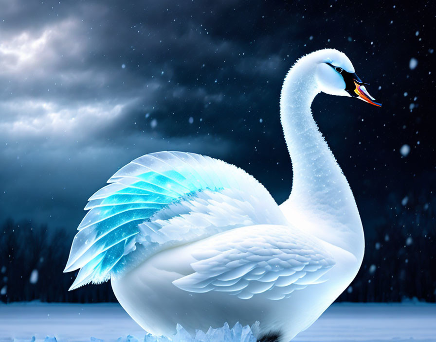 Majestic swan with glowing blue wing in snowy landscape