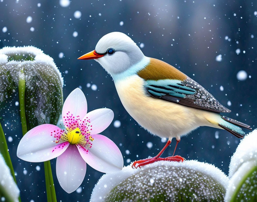 Colorful bird with white head, orange beak, blue wings on snow-dusted branch.