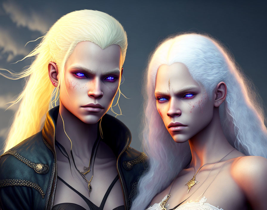 Twin fantasy characters with pale skin, white hair, leather jacket, delicate dress, and purple eyes