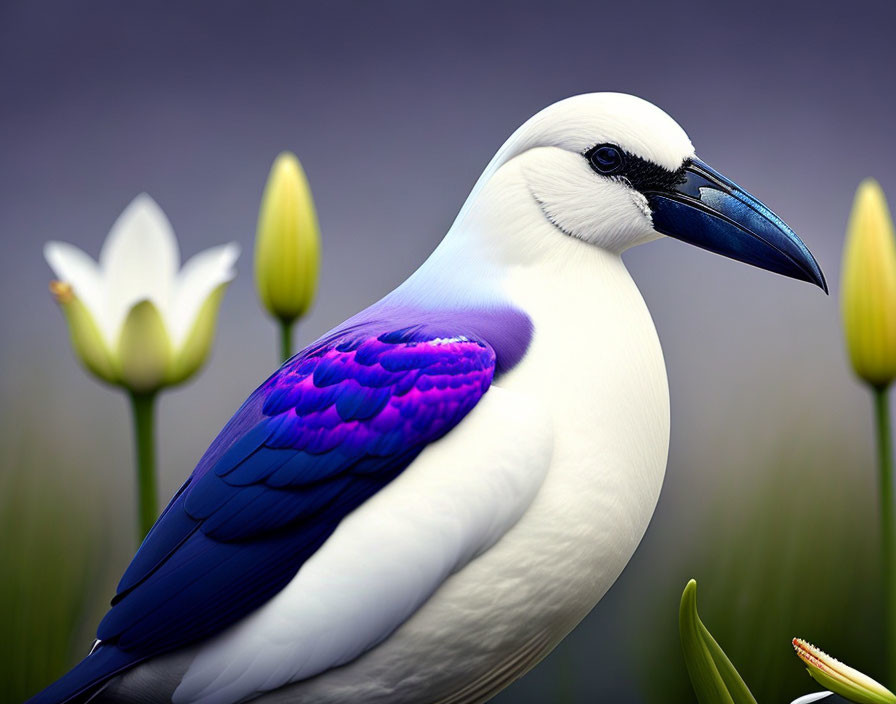 Colorful Bird with White Head and Iridescent Blue-Purple Wings perched near White Flowers