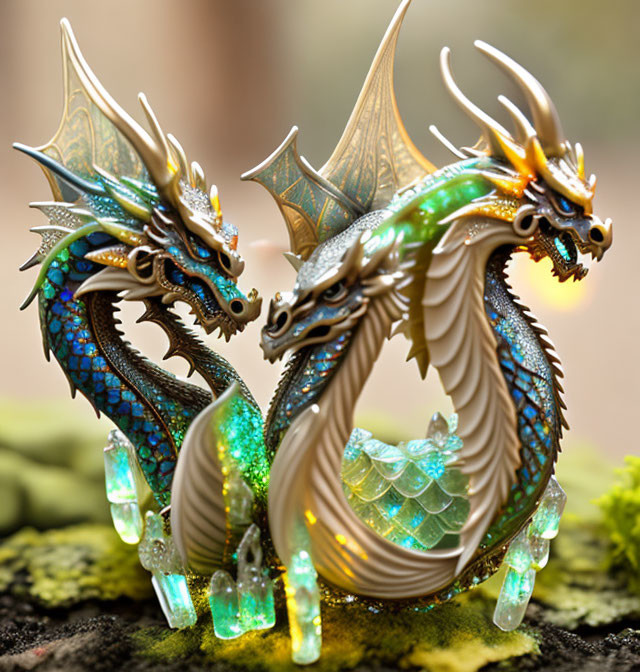 Twin-headed dragon sculpture with ornate scales and shimmering wings