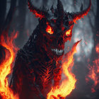 Fiery red dragon with glowing eyes and scales in flames and smoke