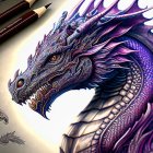 Detailed Purple Dragon Figurine with Golden Eyes and Gothic Trinkets on Light Background