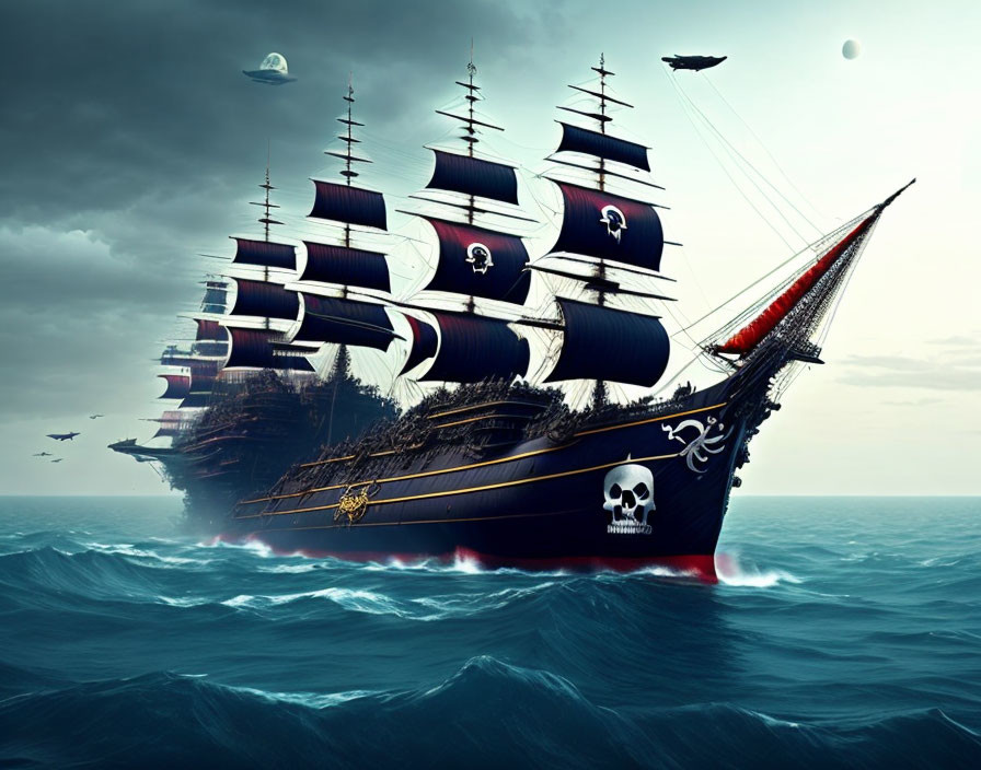 Majestic pirate ship with black sails on stormy teal seas