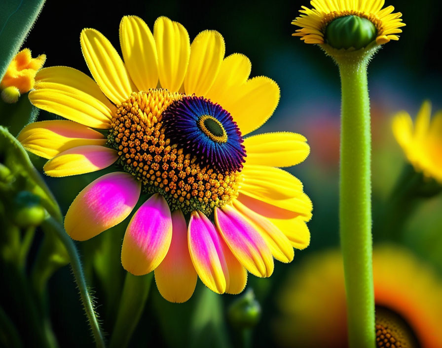 Yellow-Pink Flowers with Spiral Seeds on Blurred Green Background