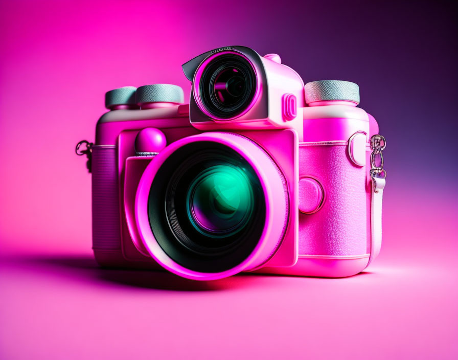 Pink digital camera with large lens on gradient background