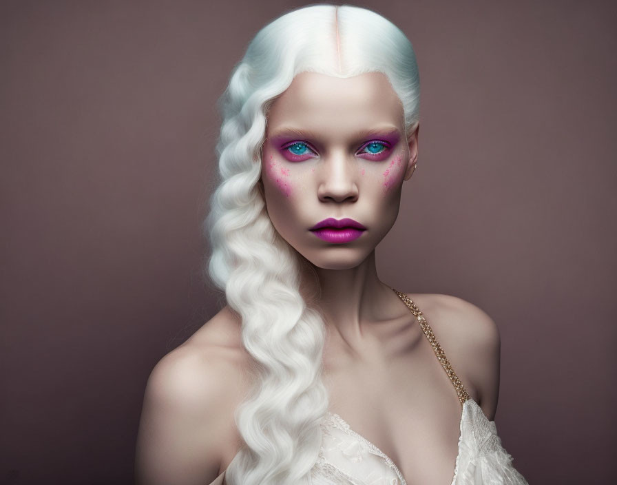 Portrait of person with platinum blonde hair, pale skin, and pink eye makeup on neutral background