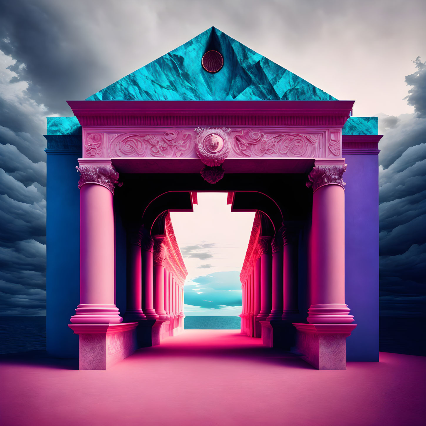 Surreal classical archway in pink and blue hues over serene sky and ocean scene