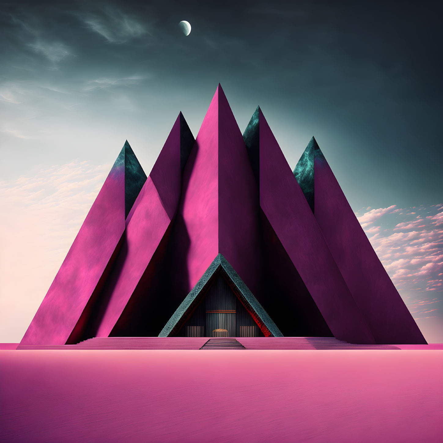 Symmetrical pyramid structure under purple sky with moon on vivid pink ground