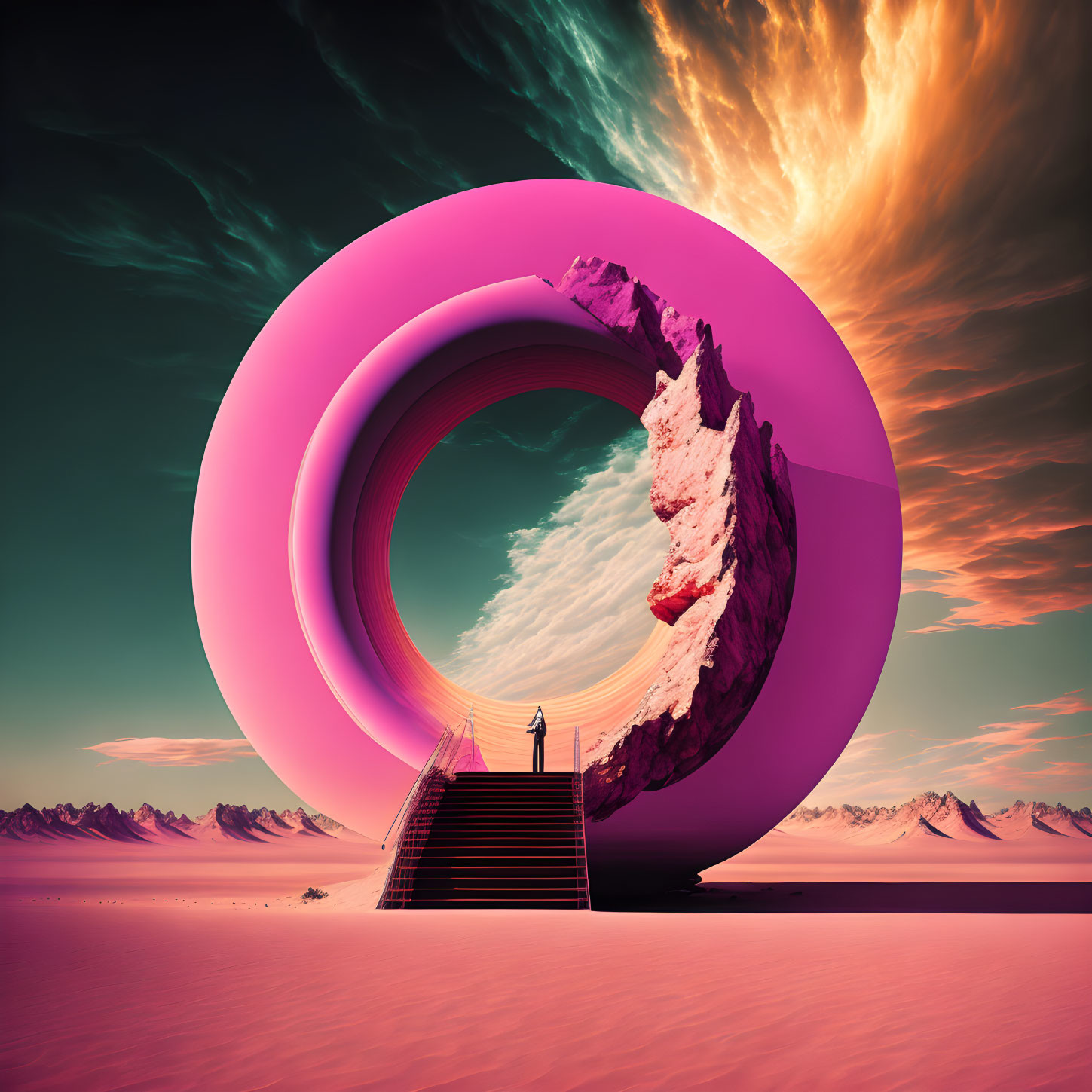 Person standing before large pink torus and mountain under surreal sky.