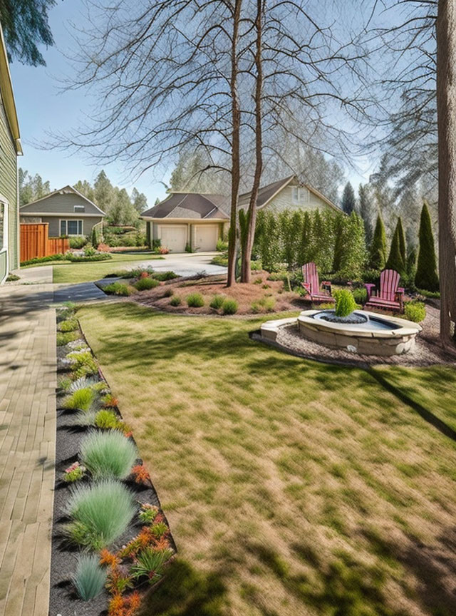 Manicured backyard with fire pit, Adirondack chairs, landscaped garden, tree-lined