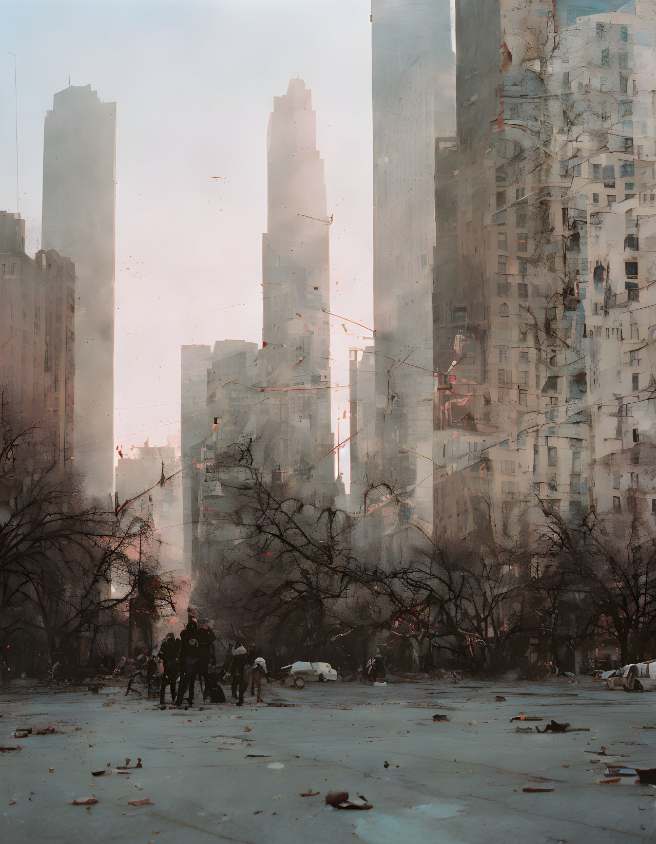 Dystopian cityscape with large buildings, debris, leafless trees, and small group of people