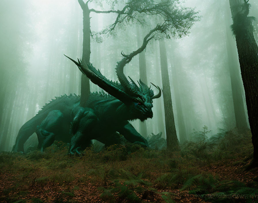 Green dragon-like creature in misty forest with horns and spikes