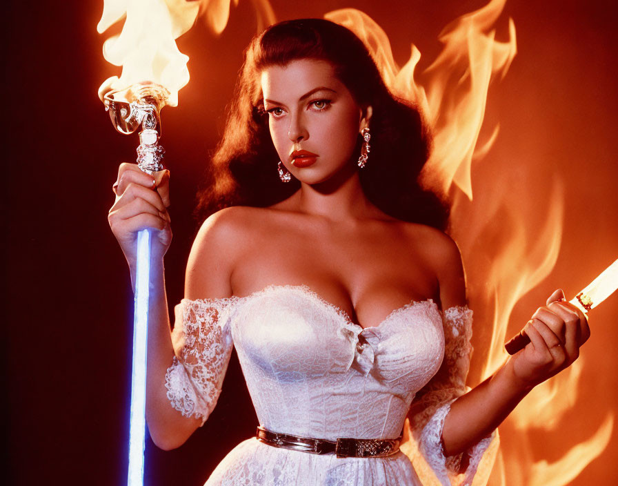 Vintage-dressed woman with flaming sword and torch in dramatic fiery setting