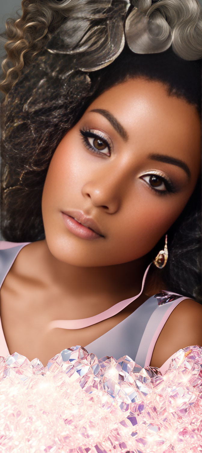 Curly Haired Woman in Pink Dress with Subtle Makeup