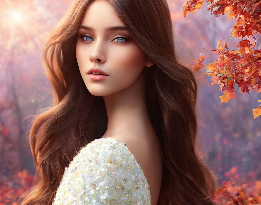 Digital artwork: Woman with long brown hair and blue eyes in autumn setting