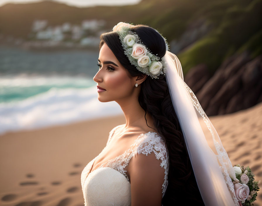 Bride with Floral Headpiece on Beach at Sunset