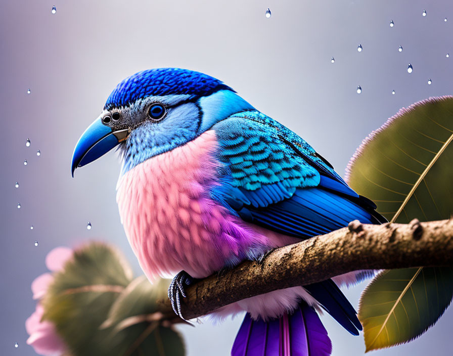 Colorful bird on branch with blurred background and water droplets