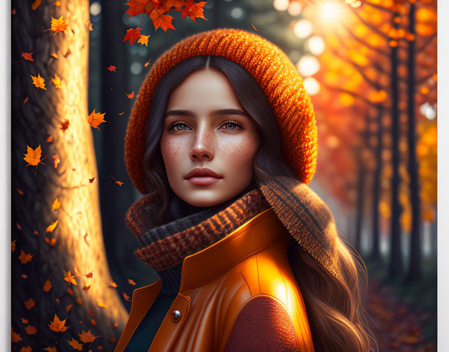 Woman with Long Hair in Orange Hat and Jacket Surrounded by Autumn Leaves