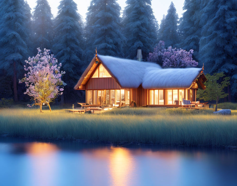 Tranquil twilight scene: cozy cottage by forest lake