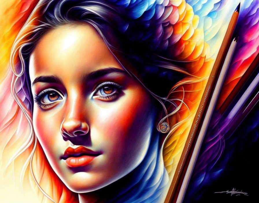 Colorful digital portrait of a young woman with detailed wings and a pencil