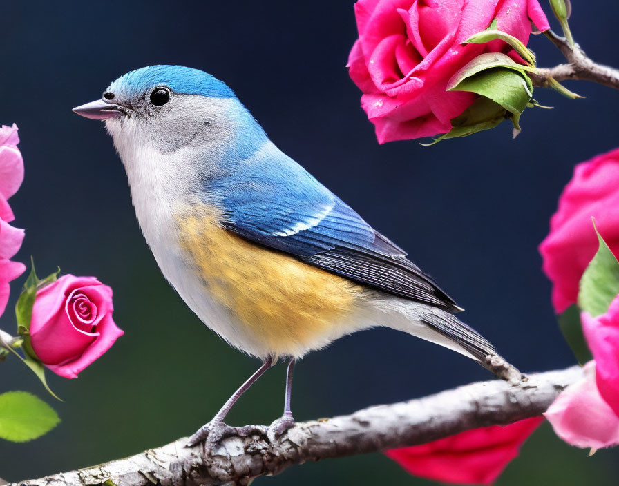 Colorful Bird Perched on Branch with Pink Roses and Gray Background