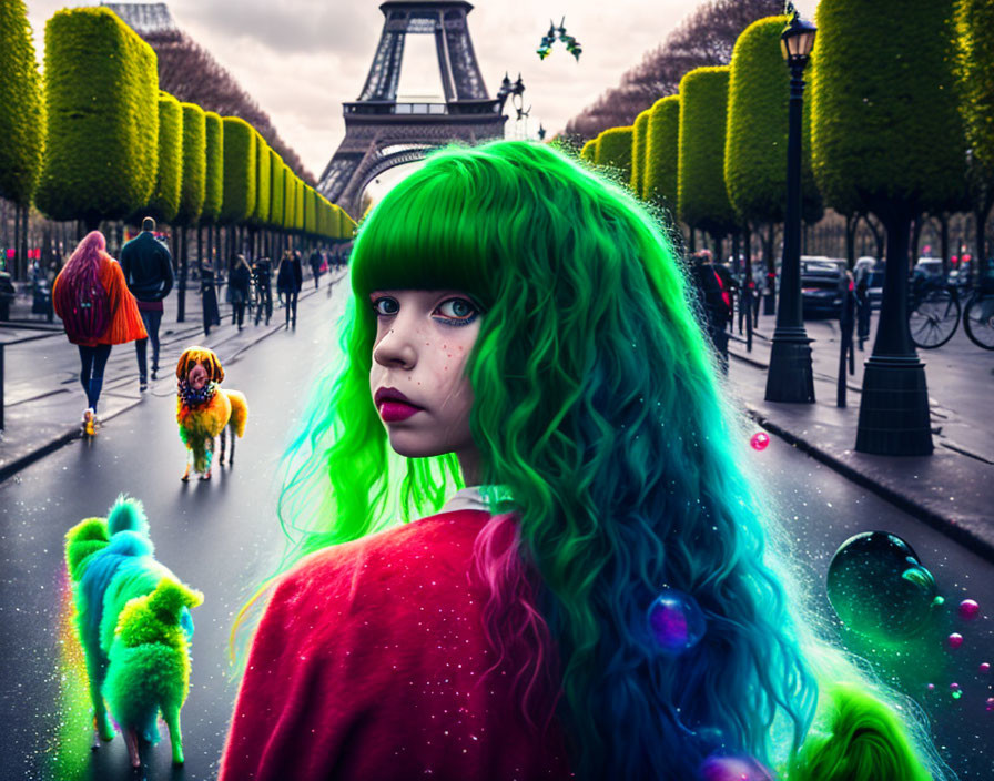 Colorful woman with green hair near Eiffel Tower with dogs and bubbles