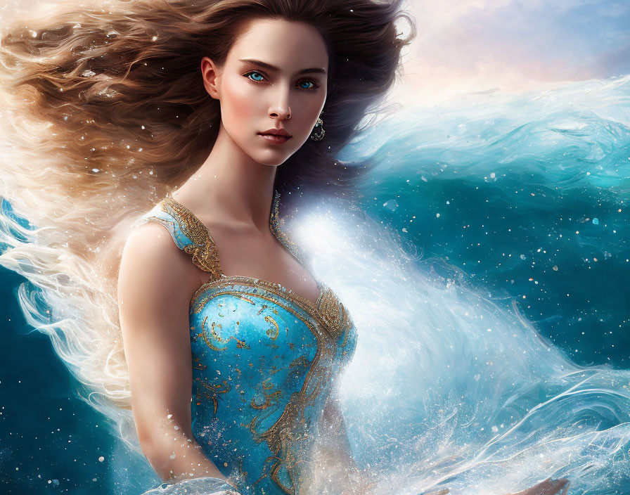 Woman with flowing hair in blue ornate dress against surreal sea-and-sky backdrop