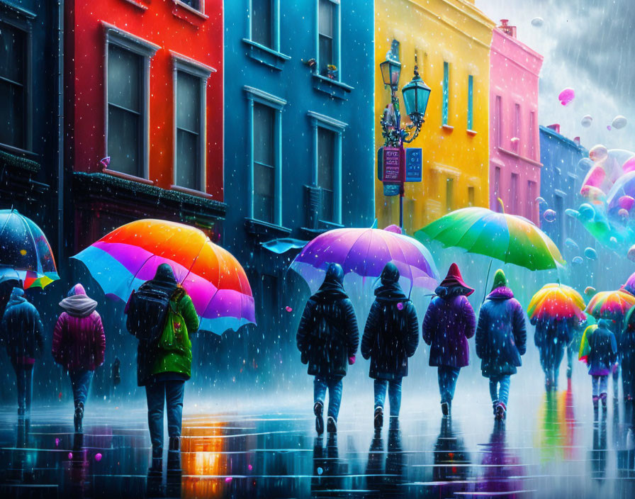 Colorful umbrellas on wet street with vibrant houses and floating bubbles