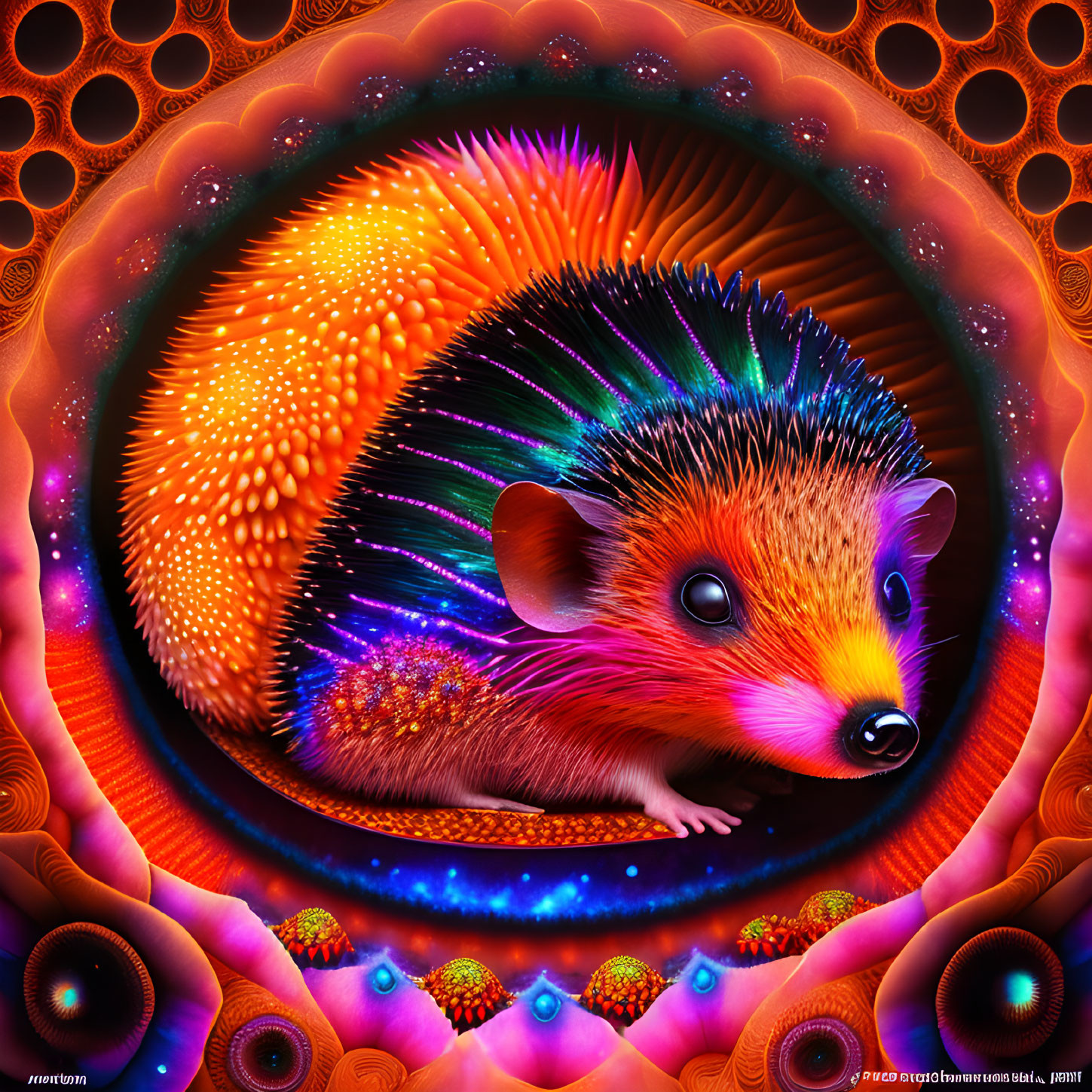 Colorful Stylized Hedgehog Art with Psychedelic Patterns