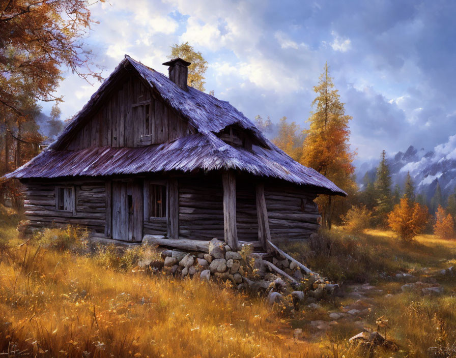 Rustic wooden cabin in autumn forest with mountains and glowing sky