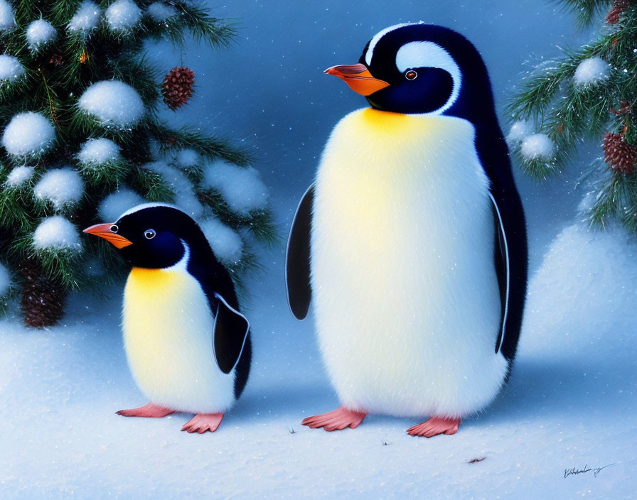 Cartoon penguins in snow by pine tree