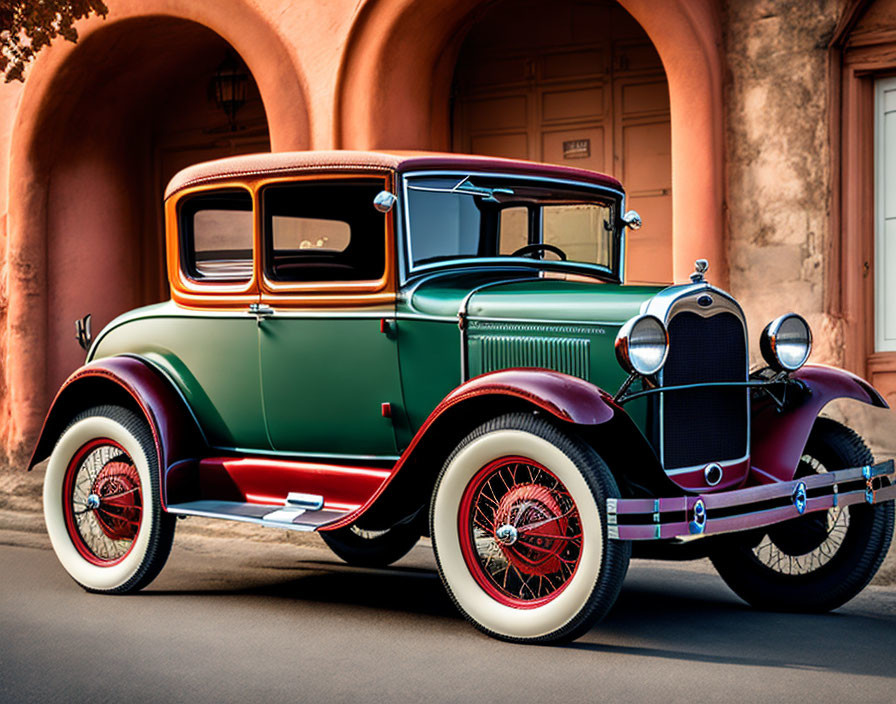 Vintage Two-Tone Green and Black Classic Car Parked in Front of Warm-Toned Building