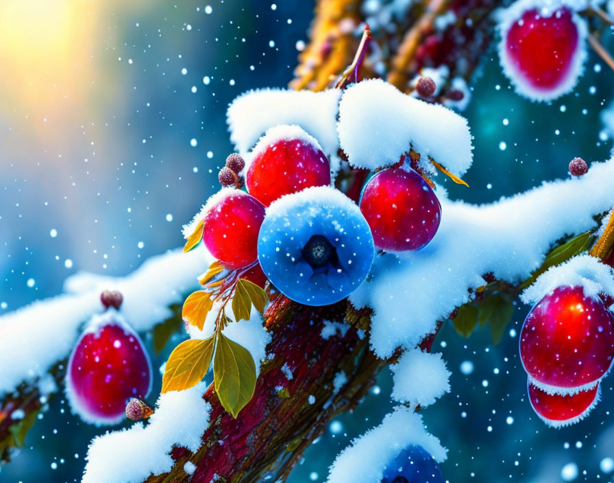 Snow-covered red and blue berries in a winter setting