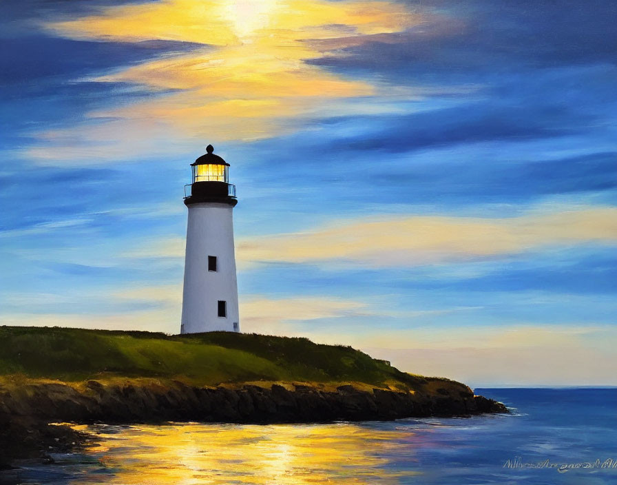 Tranquil lighthouse painting on coastal outcrop with golden sunlight reflections