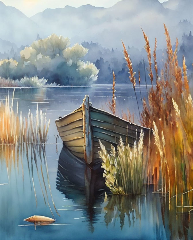 Tranquil watercolor: wooden boat in serene lake scene