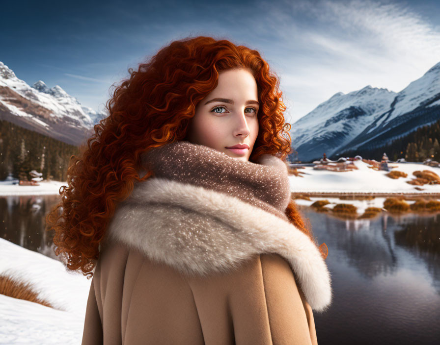 Curly Red-Haired Woman in Beige Coat in Snowy Mountain Scene