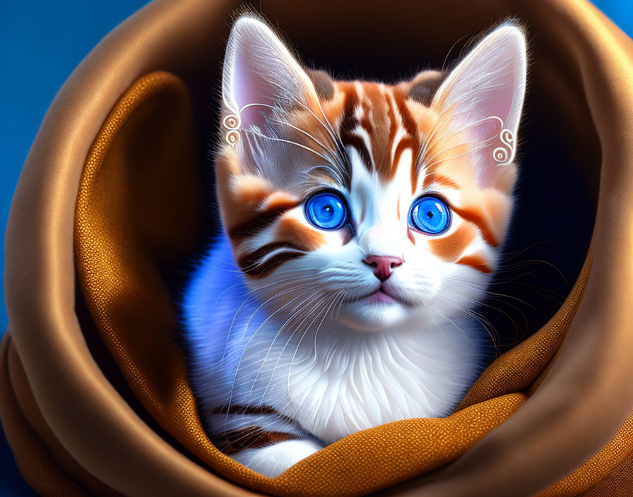 Orange and White Kitten with Blue Eyes on Brown Fabric in Digital Art