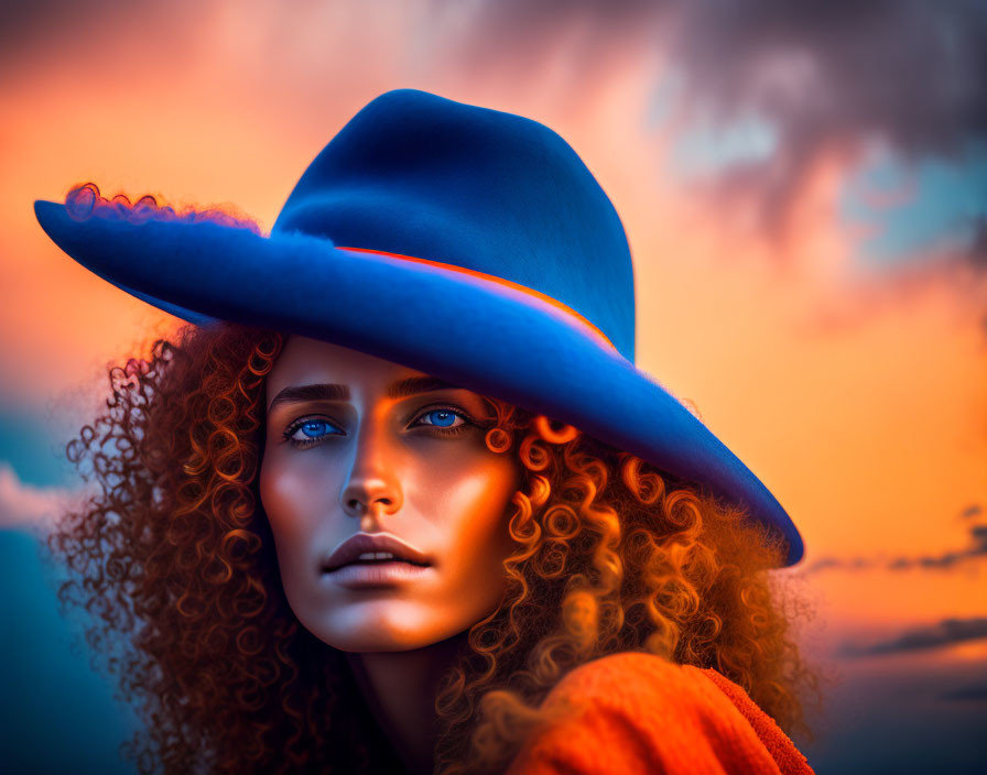 Curly-Haired Woman in Blue Hat under Orange Sky