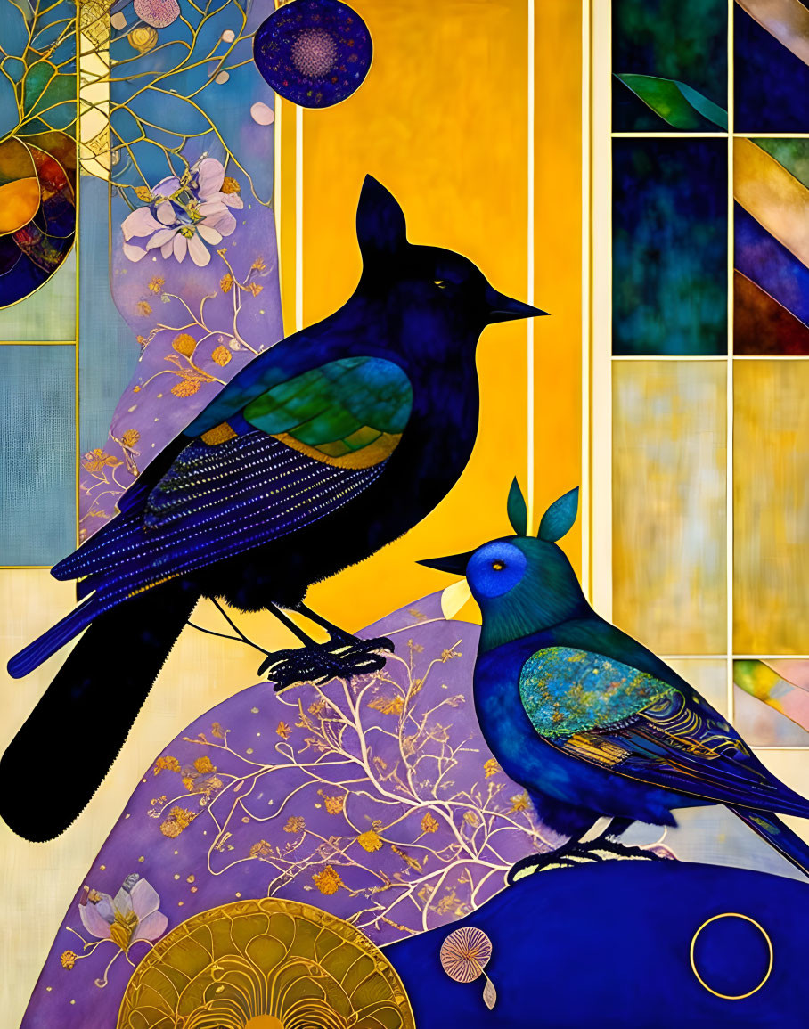 Colorful artwork: Two stylized birds on purple sphere amid geometric patterns