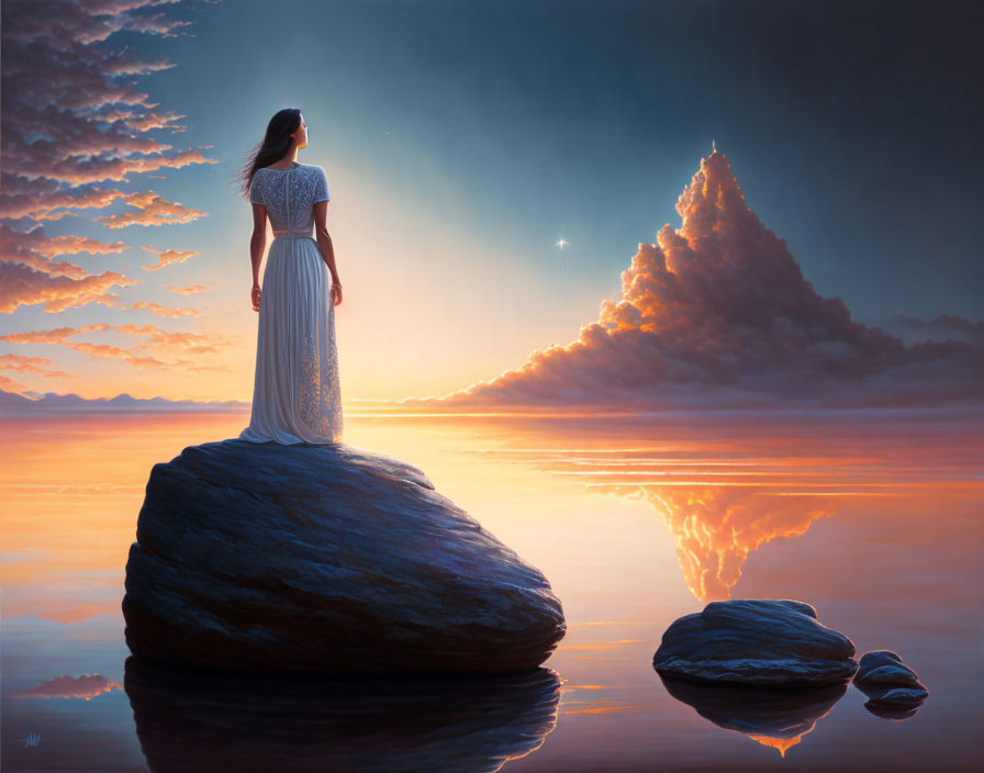 Woman in white dress on rock at sunset with calm waters and starry sky