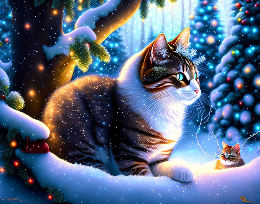 Tabby Cat with Green Eyes in Snowy Night Landscape