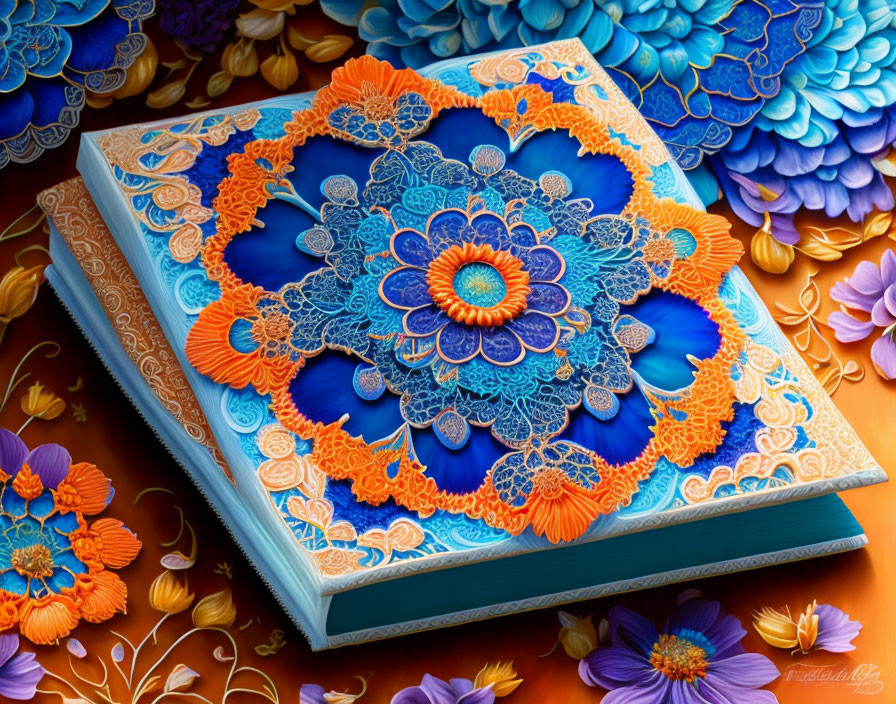 Colorful 3D floral mandala art on open book surrounded by flowers