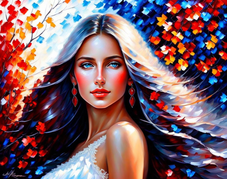 Colorful portrait of a woman with blue eyes and white hair against abstract red and blue foliage