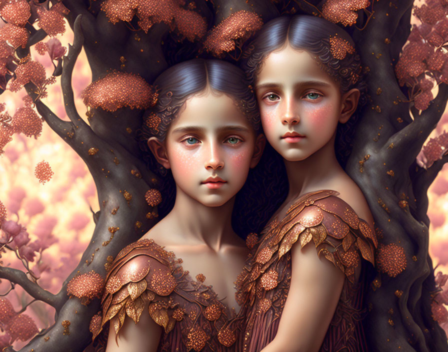 Identical twin girls in leaf-like garments by ornate tree