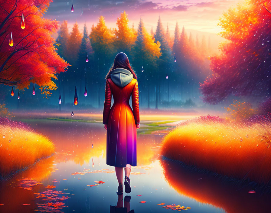 Person in Colorful Coat Walking in Surreal Autumn Landscape