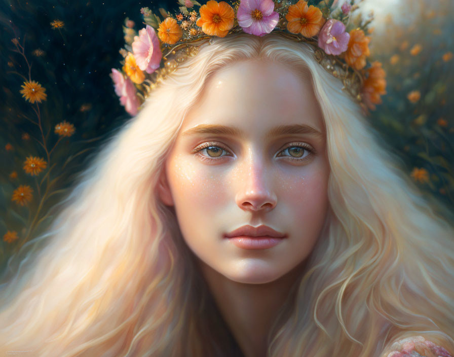 Portrait of person with blue eyes, wavy blonde hair, and floral crown against blurred backdrop