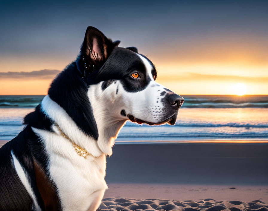 Black and white dog with golden collar on sand gazes at ocean sunset