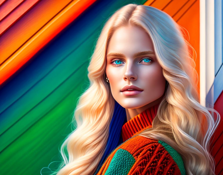 Blonde Woman in Colorful Sweater on Striped Background